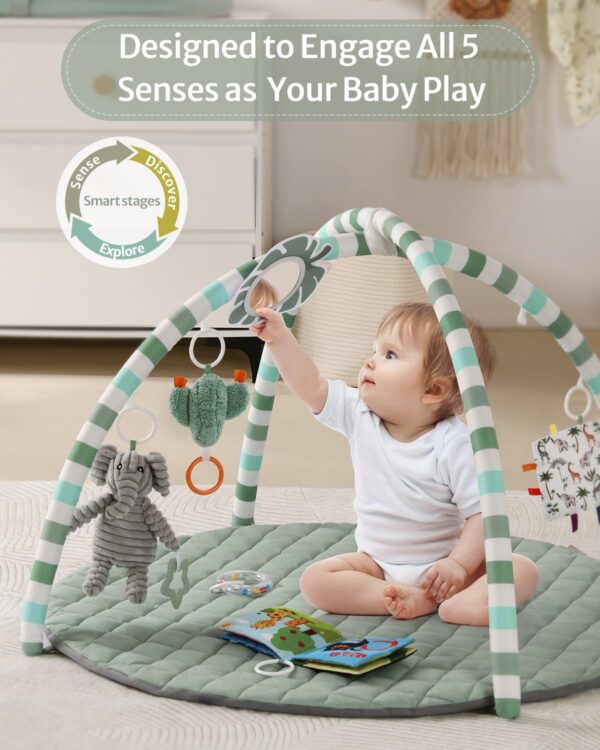 Blissful Diary Baby Play Gym Mat, Tummy Time Mat with 6 Detachable Toys for Stage-Based Sensory & Motor Skill Development, Baby Activity Mat Easy to Install & Clean, Baby Essentials Gift, Sage Green - Image 2