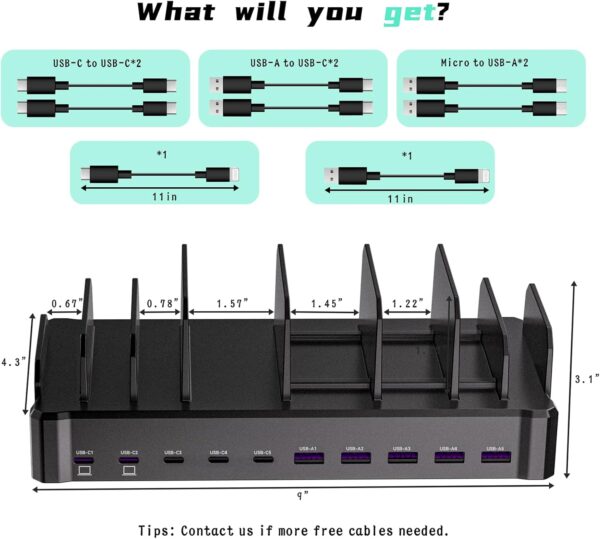 320W Charging Station for Multiple Devices, Zobirez 10-Port USB C Fast Charger Stations for MacBook, iPhone, Android Cell Phone, iPad, Tablet, Family Multi-Device Organizer Charging Dock, Black - Image 7