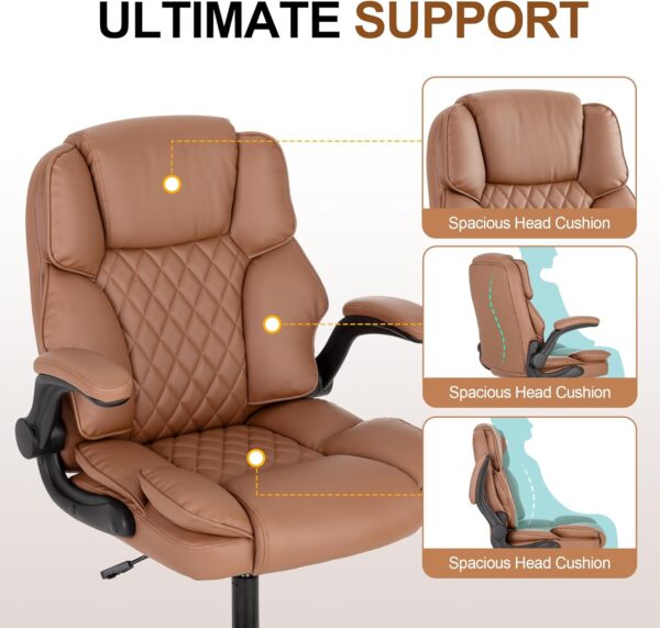 Office Desk Chair,Mid Back Executive Leather Chair, Ergonomic Home Computer Desk Chair with Adjustable Flip-Up Arms, Conference Room Chairs with Rocking Function (Brown) - Image 7