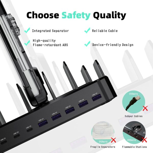 320W Charging Station for Multiple Devices, Zobirez 10-Port USB C Fast Charger Stations for MacBook, iPhone, Android Cell Phone, iPad, Tablet, Family Multi-Device Organizer Charging Dock, Black - Image 2