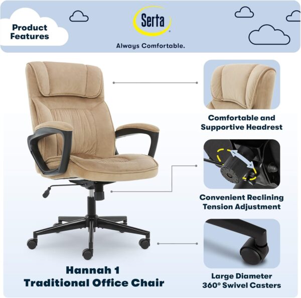 Serta Hannah Executive Home Office Desk Chair, Ergonomic Mid-Back with Lumbar Support, Firm Seat Cushion, Layered Body Pillows, Padded Armrests, Swivel Base, Easy Assembly, Microfiber, Beige - Image 4