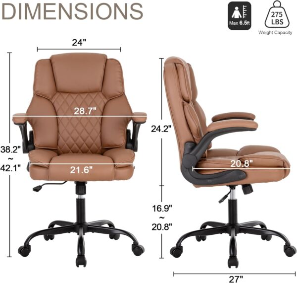 Office Desk Chair,Mid Back Executive Leather Chair, Ergonomic Home Computer Desk Chair with Adjustable Flip-Up Arms, Conference Room Chairs with Rocking Function (Brown) - Image 2