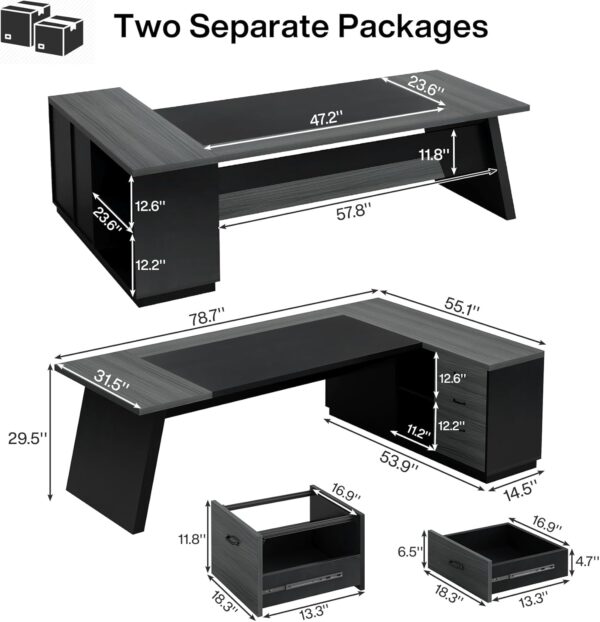 Tribesigns L-Shaped Executive Desk, 78" Modern Office Desk with Drawers and Lateral File Cabinet, Large Computer Table with Storage Shelves, Workstation for Home Office (Grey + Black) - Image 7