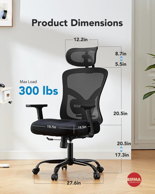 HUANUO Ergonomic Office Chair, High Back Mesh Chair for Big and Tall People with Lumbar Support, Adjustable Headrest and Armrest, Thick Cushion & Tilt Function Recliner for Home Office Black - Image 2