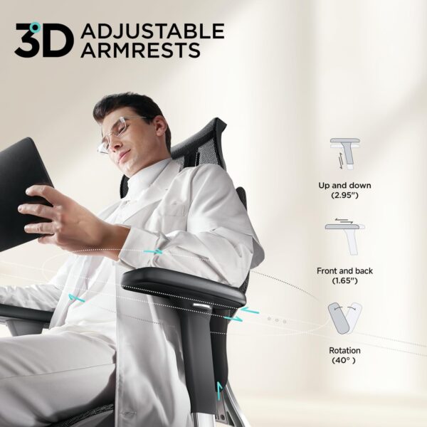 Hbada E3 Air Ergonomic Office Chair, Big and Tall Office Chair - with 3-Zone Dynamic Lumbar Support, 3D Adjustable Headrest, 3D Adjustable Armrests, Swivel, Black(No Footrest) - Image 6