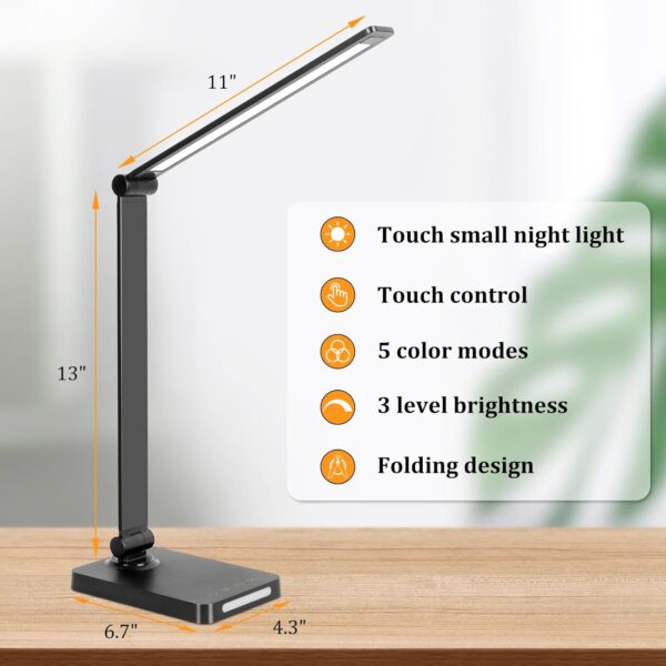 LED Desk Lamp with USB Ports,Touch Desk Lamps for Home Office with 5 Color Modes,3 Brightness Desk Light with Small Night Light,Reading Lamp Table Lamp for Bedroom Bedside Study Black （with adapter） - Image 3