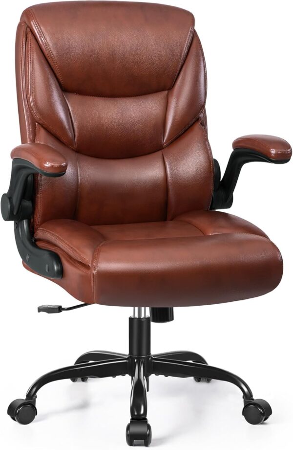 FelixKing Leather Office Chair, Small PU Ergonomic Desk Chairs, Comfy Computer Chair with Wheels and Flip-up Armrests, Adjustable Height Mid Back Executive Office Chairs for Short People - Brown