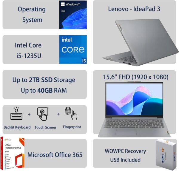 Lenovo IdeaPad 3 Business Laptop, Touchscreen, Backlit Keyboard, Intel Core i5-1235U Processor, 15.6" FHD, 12GB RAM, 512GB SSD, Fingerprint Reader, Windows 11 Pro with Microsoft Office 365, WOWPC USB - Image 2