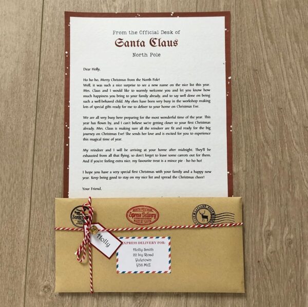 Personalized Vintage Baby's First Christmas Letter & Nice List Certificate from Santa Father Christmas - Ivory Card & Kraft Envelope - Unique Baby Christmas Gift Idea - Image 3
