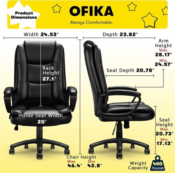 OFIKA Home Office Chair, 400LBS Big and Tall Computer Chair Heavy Duty Design, Ergonomic High Back Cushion Lumbar Back Support, Adjustable Executive Leather with Armrest - Image 3