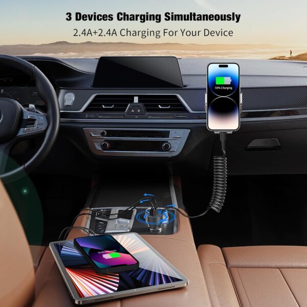 [Apple MFi Certified] USB Car Charger Plug, Aymla Dual Port Coiled Cord Auto Cigarette Lighter Adapter with 5FT Coiled Lightning Cable for iPhone 14 Pro Max/14 Plus/14/13 Pro/13 Mini/12/11/XS/XR/8 - Image 3