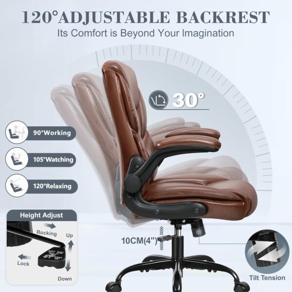 FelixKing Leather Office Chair, Small PU Ergonomic Desk Chairs, Comfy Computer Chair with Wheels and Flip-up Armrests, Adjustable Height Mid Back Executive Office Chairs for Short People - Brown - Image 5