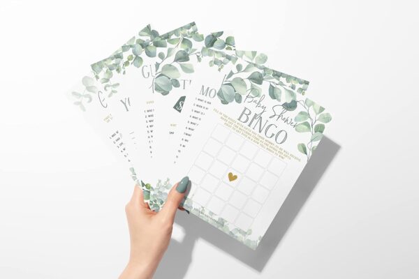 Baby Shower Games (Set of 6 Fun Activities for 25 Guests) - Neutral Greenery Floral Eucalyptus Theme - Perfect for Boy or Girl - 1 Game Printed Per Side - Image 6