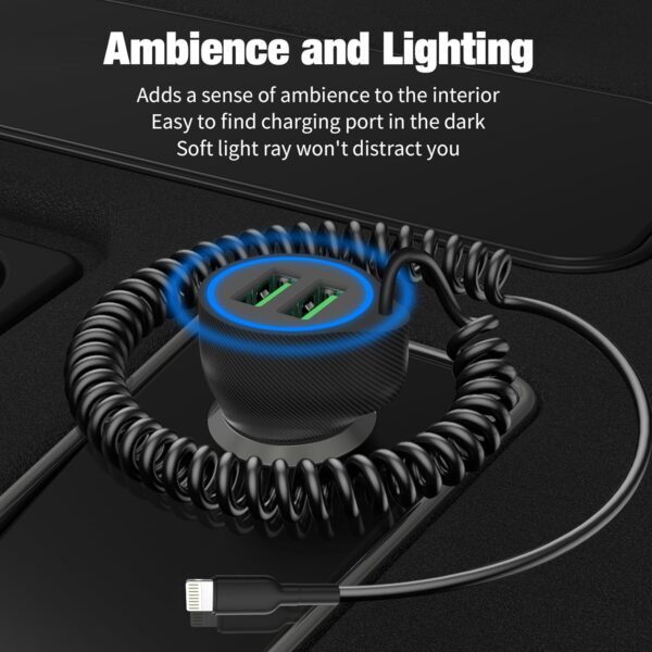 [Apple MFi Certified] USB Car Charger Plug, Aymla Dual Port Coiled Cord Auto Cigarette Lighter Adapter with 5FT Coiled Lightning Cable for iPhone 14 Pro Max/14 Plus/14/13 Pro/13 Mini/12/11/XS/XR/8 - Image 4