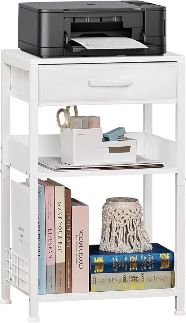 Lerliuo White Printer Stand with Fabric Drawer, 3 Tier Industrial Side Table, Modern Small Printer Desk Holder with Storage Shelf,Multi-Functional Bedside Tables for Home Office Fax Machine Scanner