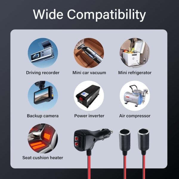 SinLoon 12V Car Cigarette Lighter Splitter Adapter with 2 Independent Switches 16AWG Cigarette Lighter 1 Male to 2 Female Sockets Y Splitter Power Cable with 15A Fuse 0.3M/1FT - Image 7