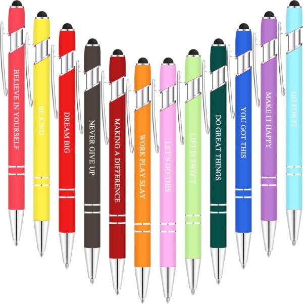 Zonon 12 Pcs Inspirational Pens Bulk Motivational Ballpoint Pen with Stylus Tip Inspirational Graduation Gifts for Teacher Coworkers School Office Supplies Black Ink(Assorted Color,Motivational Style)