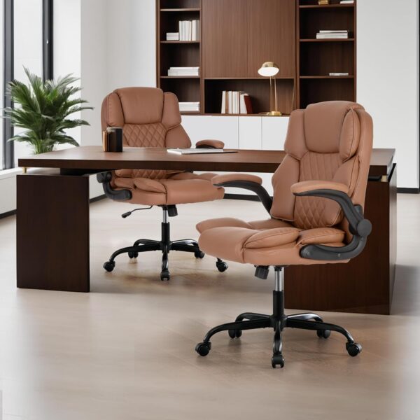 Office Desk Chair,Mid Back Executive Leather Chair, Ergonomic Home Computer Desk Chair with Adjustable Flip-Up Arms, Conference Room Chairs with Rocking Function (Brown) - Image 6