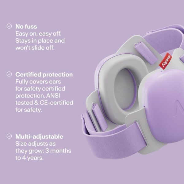 Alpine Muffy Baby Comfort - Protects Hearing for Babies and Toddlers - CE & ANSI Certified - Unique Headband for Safe fit & Comfort, Multi-adjustable for Ages 3-48 Months, 24dB Sound Reduction, Purple - Image 3