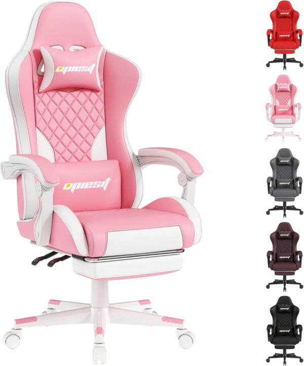 Gaming Chair Office Chair with Footrest, Height Adjustable, Ergonomic Computer Chairs with Pocket Spring Cushion, PU Leather,Video Game Chair 360° Swive, Seat Game Chairs Pink