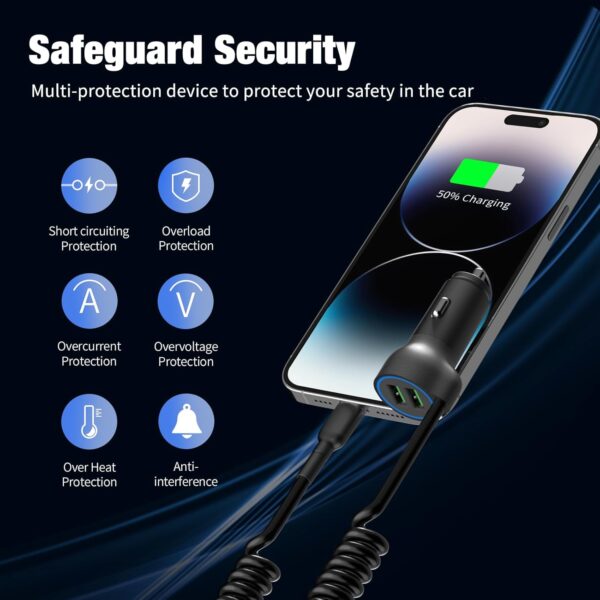 [Apple MFi Certified] USB Car Charger Plug, Aymla Dual Port Coiled Cord Auto Cigarette Lighter Adapter with 5FT Coiled Lightning Cable for iPhone 14 Pro Max/14 Plus/14/13 Pro/13 Mini/12/11/XS/XR/8 - Image 6