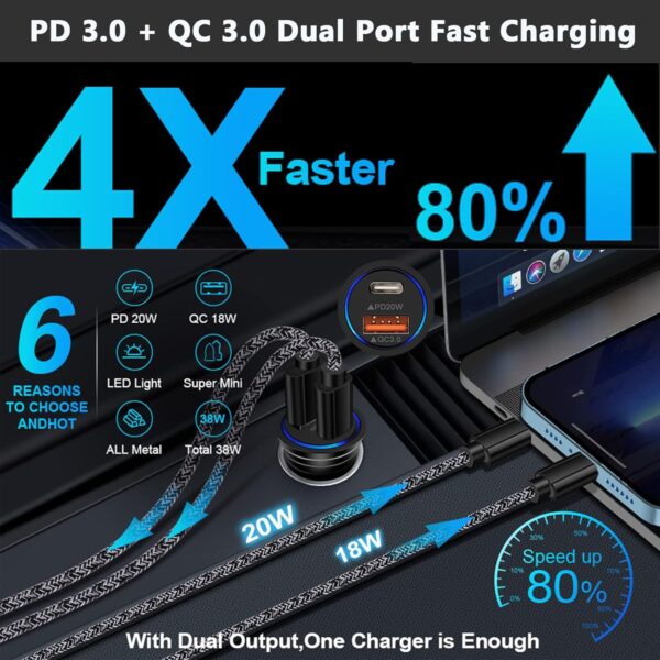 USB C Car Charger, 38W Fast Charge Car Charger Adapter PD&QC 3.0 Dual Port Cigarette Lighter USB Plug for iPhone 16e 16 15 14 13 12 11 Pro Max/Mini SE XR XS X 8,Samsung Galaxy S25 S24 S23 S22 S21 S20 - Image 2