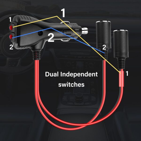 SinLoon 12V Car Cigarette Lighter Splitter Adapter with 2 Independent Switches 16AWG Cigarette Lighter 1 Male to 2 Female Sockets Y Splitter Power Cable with 15A Fuse 0.3M/1FT - Image 4