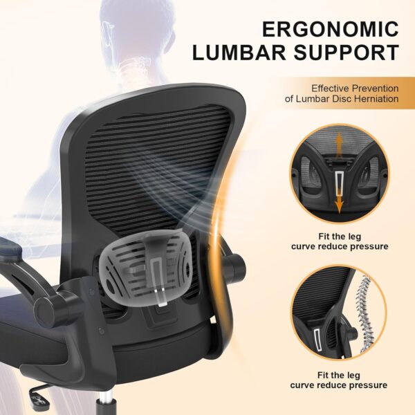Office Chair, Ergonomic Desk Chairs 330LBS Capacity High Back Mesh Computer Chair with Flip-up Armrests, Comfy Work with Adjustable Lumbar Support, Rolling Swivel Executive Task Chair Black - Image 9