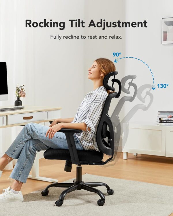 HUANUO Ergonomic Office Chair, High Back Mesh Chair for Big and Tall People with Lumbar Support, Adjustable Headrest and Armrest, Thick Cushion & Tilt Function Recliner for Home Office Black - Image 6