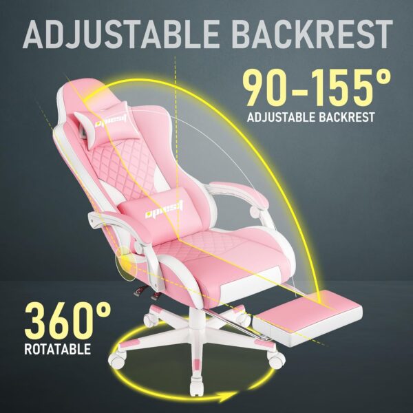 Gaming Chair Office Chair with Footrest, Height Adjustable, Ergonomic Computer Chairs with Pocket Spring Cushion, PU Leather,Video Game Chair 360° Swive, Seat Game Chairs Pink - Image 4