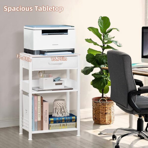 Lerliuo White Printer Stand with Fabric Drawer, 3 Tier Industrial Side Table, Modern Small Printer Desk Holder with Storage Shelf,Multi-Functional Bedside Tables for Home Office Fax Machine Scanner - Image 4