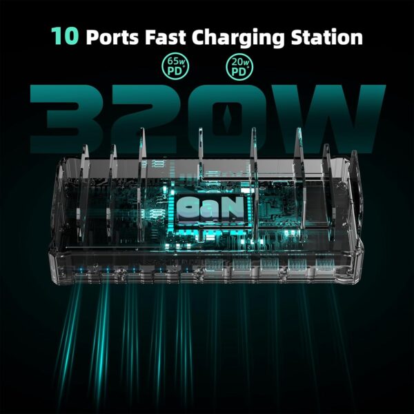 320W Charging Station for Multiple Devices, Zobirez 10-Port USB C Fast Charger Stations for MacBook, iPhone, Android Cell Phone, iPad, Tablet, Family Multi-Device Organizer Charging Dock, Black - Image 5