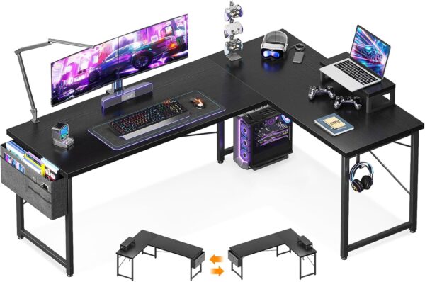 ODK L Shaped Desk, 66" Computer Corner Desk, Gaming Desk, Home Office Writing Desk with Monitor Shelf, Space-Saving Workstation Desk, Modern Simple Wooden Table, Easy to Assemble, Black
