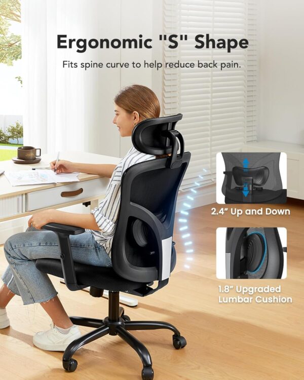 HUANUO Ergonomic Office Chair, High Back Mesh Chair for Big and Tall People with Lumbar Support, Adjustable Headrest and Armrest, Thick Cushion & Tilt Function Recliner for Home Office Black - Image 3