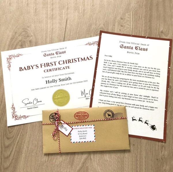Personalized Vintage Baby's First Christmas Letter & Nice List Certificate from Santa Father Christmas - Ivory Card & Kraft Envelope - Unique Baby Christmas Gift Idea - Image 2