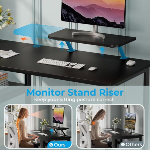 GreenForest Computer Home Office Desk with Monitor Stand and Reversible Storage Shelves,55 inch Modern Simple Writing Study PC Work Table,Black - Image 9