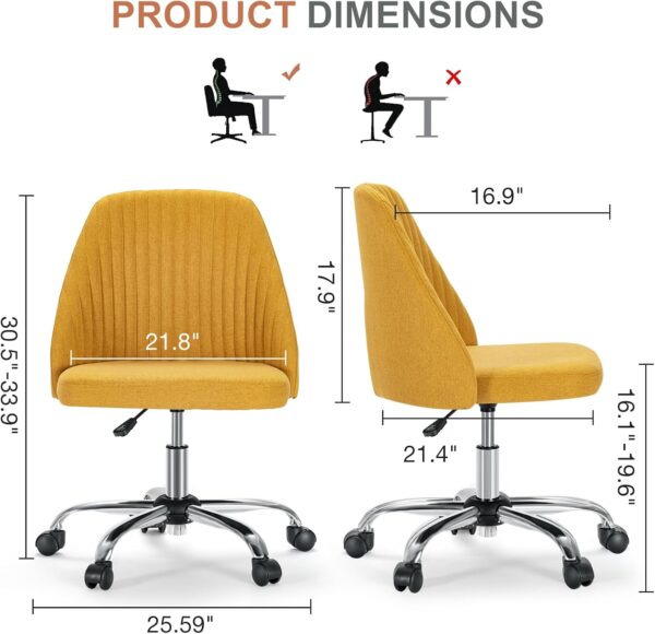 DUMOS Office Desk Chair, Modern Cute Rolling Vanity Swivel Task Chairs with Wheels, Comfortable Back Seat Armless for Home, Bedrooms, Office, Study, Student, Adults, Make-up, Dressing Room, Yellow - Image 2
