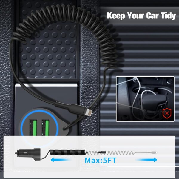 [Apple MFi Certified] USB Car Charger Plug, Aymla Dual Port Coiled Cord Auto Cigarette Lighter Adapter with 5FT Coiled Lightning Cable for iPhone 14 Pro Max/14 Plus/14/13 Pro/13 Mini/12/11/XS/XR/8 - Image 5