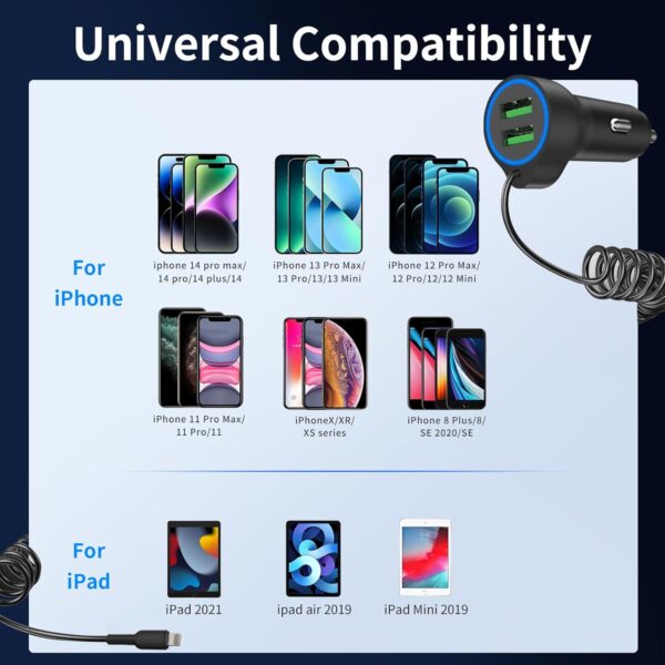 [Apple MFi Certified] USB Car Charger Plug, Aymla Dual Port Coiled Cord Auto Cigarette Lighter Adapter with 5FT Coiled Lightning Cable for iPhone 14 Pro Max/14 Plus/14/13 Pro/13 Mini/12/11/XS/XR/8 - Image 2
