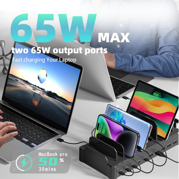 320W Charging Station for Multiple Devices, Zobirez 10-Port USB C Fast Charger Stations for MacBook, iPhone, Android Cell Phone, iPad, Tablet, Family Multi-Device Organizer Charging Dock, Black - Image 3