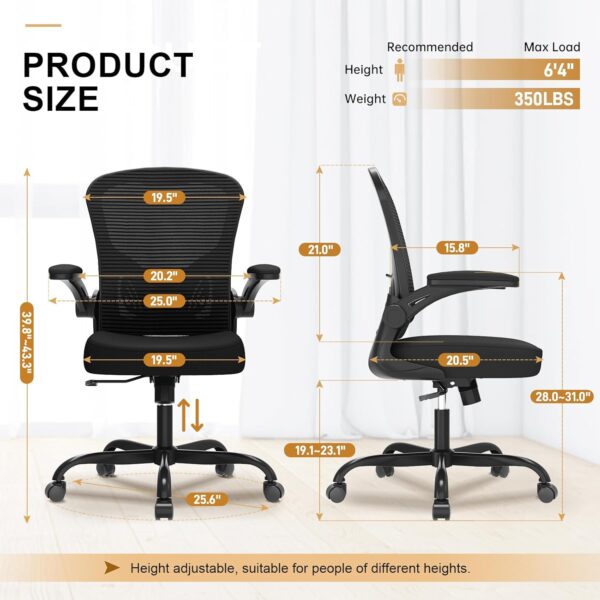 Office Chair, Ergonomic Desk Chairs 330LBS Capacity High Back Mesh Computer Chair with Flip-up Armrests, Comfy Work with Adjustable Lumbar Support, Rolling Swivel Executive Task Chair Black - Image 3