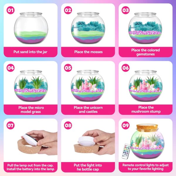 VigorFun Unicorn Terrarium Kit for Kids - Creative LED Night Light Gifts for Girls Birthday Age 3+, DIY Arts & Crafts Light Up Kit, Unicorn Toys for Kids 4 5 6 7 8 9 10 Year Old - Image 5