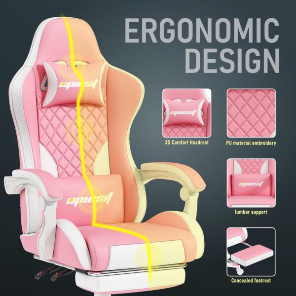 Gaming Chair Office Chair with Footrest, Height Adjustable, Ergonomic Computer Chairs with Pocket Spring Cushion, PU Leather,Video Game Chair 360° Swive, Seat Game Chairs Pink - Image 5