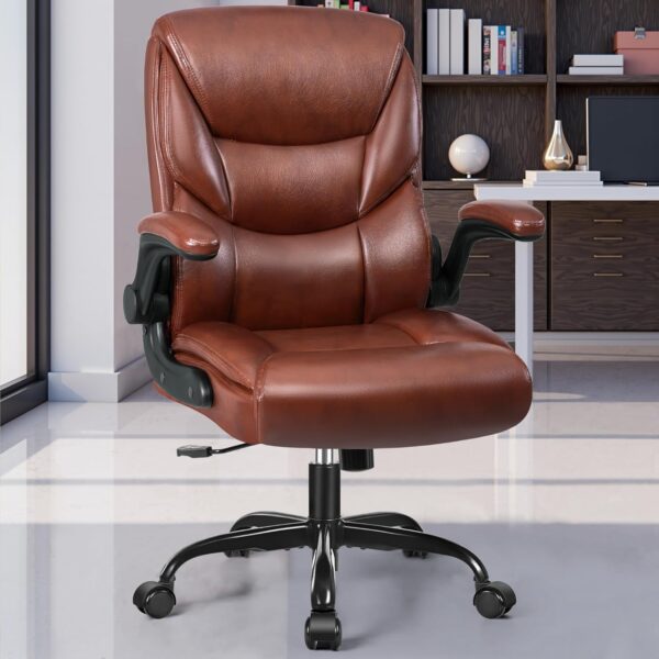 FelixKing Leather Office Chair, Small PU Ergonomic Desk Chairs, Comfy Computer Chair with Wheels and Flip-up Armrests, Adjustable Height Mid Back Executive Office Chairs for Short People - Brown - Image 2