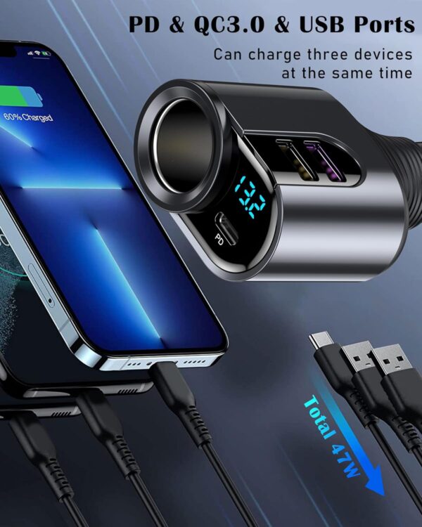 LIHAN USB C Car Charger, Cigarette Lighter Adapter,12V/24V Socket Splitter with 3 USB Ports, Type C PD Fast Car Charger Compatible for iPhone, Galaxy, iPad, GPS - Image 3