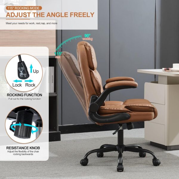 Office Desk Chair,Mid Back Executive Leather Chair, Ergonomic Home Computer Desk Chair with Adjustable Flip-Up Arms, Conference Room Chairs with Rocking Function (Brown) - Image 5