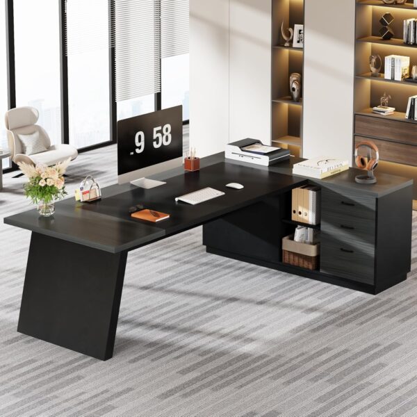 Tribesigns L-Shaped Executive Desk, 78" Modern Office Desk with Drawers and Lateral File Cabinet, Large Computer Table with Storage Shelves, Workstation for Home Office (Grey + Black) - Image 4