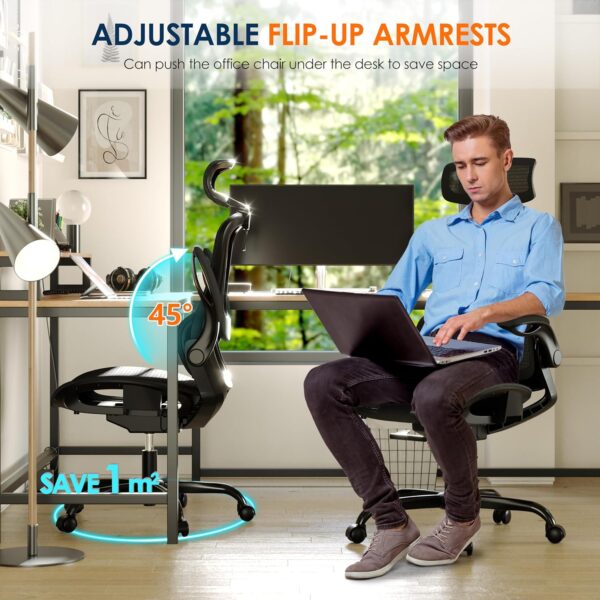 GABRYLLY Ergonomic Mesh Office Chair, Adjustable Home Desk Chair with Folding Armrest, 2D Headrest, Soft Seat and PU Wheel, Black Swivel Task Chair for Office, Business, Student (GY1108) - Image 4