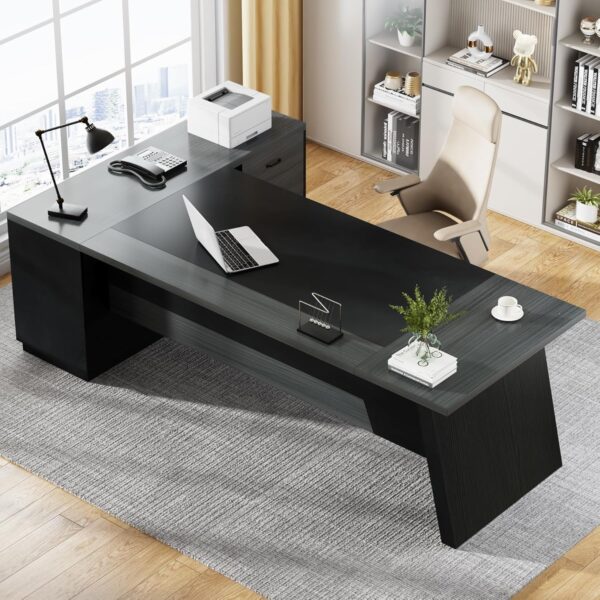 Tribesigns L-Shaped Executive Desk, 78" Modern Office Desk with Drawers and Lateral File Cabinet, Large Computer Table with Storage Shelves, Workstation for Home Office (Grey + Black) - Image 2