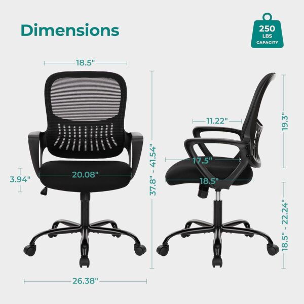 Home Office Computer Desk Chair, Ergonomic Mid-Back Mesh Rolling Work Swivel Task Chairs with Wheels, Comfortable Lumbar Support, Comfy Arms for Bedroom, Study, Dorm, Student - Image 3